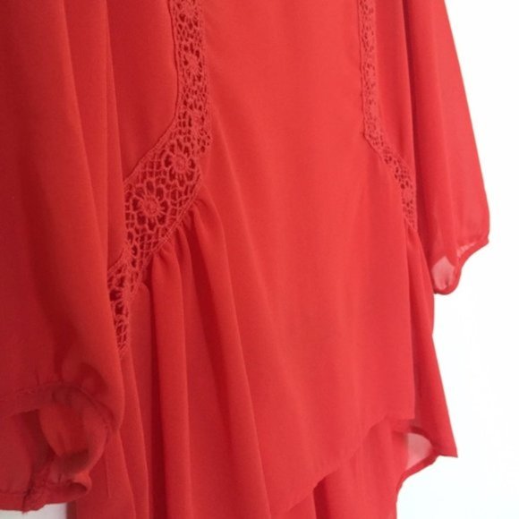 CHLOE K Lace Trim Sheer Step Hem Blouse 3/4 Sleeve Coral Burnt Orange Sz S - Picture 9 of 11
